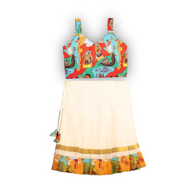 Skirt & Top Set for Girls: Traditional Onam Attire From NutsClothing | Embroidery - Kasavu | For Ages 6 Months to 7 Years