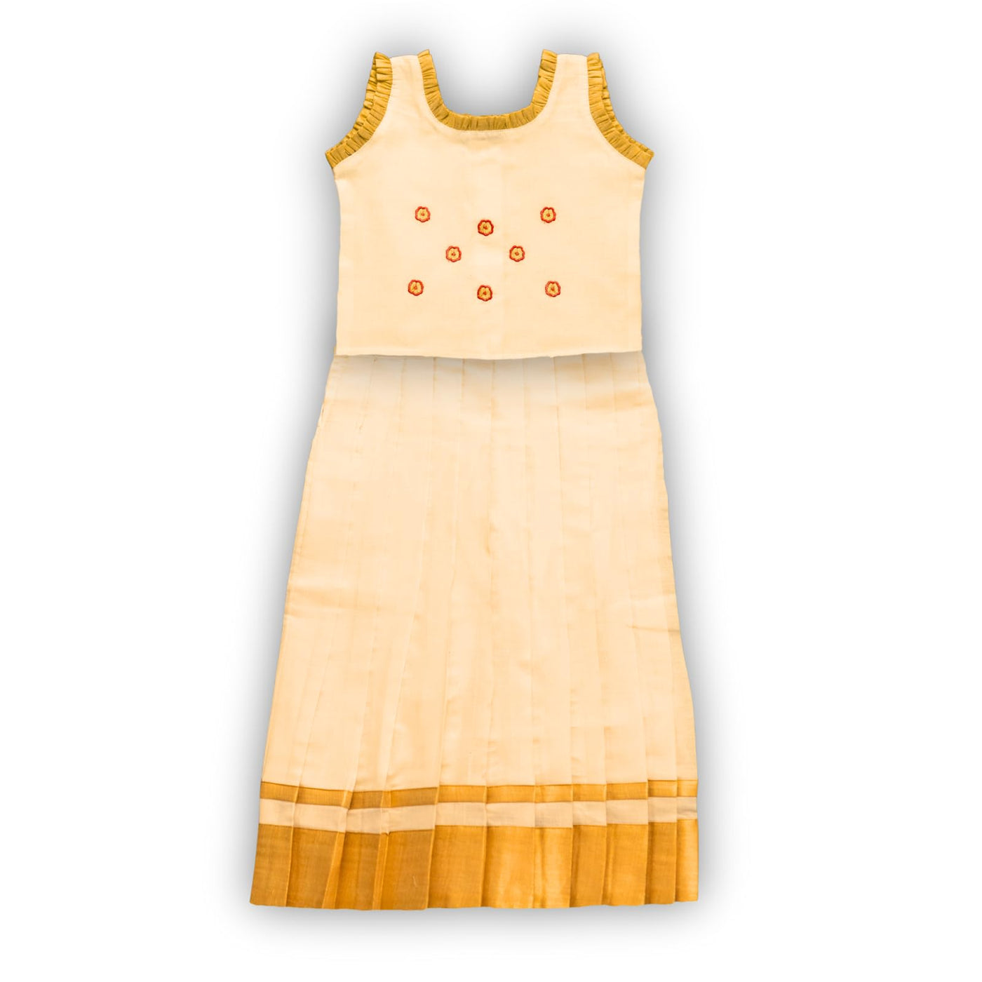 Skirt & Top Set for Girls: Traditional Onam Attire From NutsClothing | Embroidery - Kasavu | For Ages 6 Months to 7 Years
