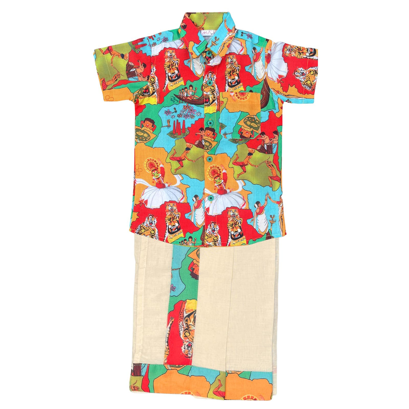 Nuts Clothing Colorful Kerala Cultural Print Kids Shirt and Mundu Set – Traditional Ethnic Wear for Boys – Soft Cotton (6 months to 7 years)