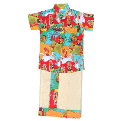 Nuts Clothing Colorful Kerala Cultural Print Kids Shirt and Mundu Set – Traditional Ethnic Wear for Boys – Soft Cotton (6 months to 7 years)