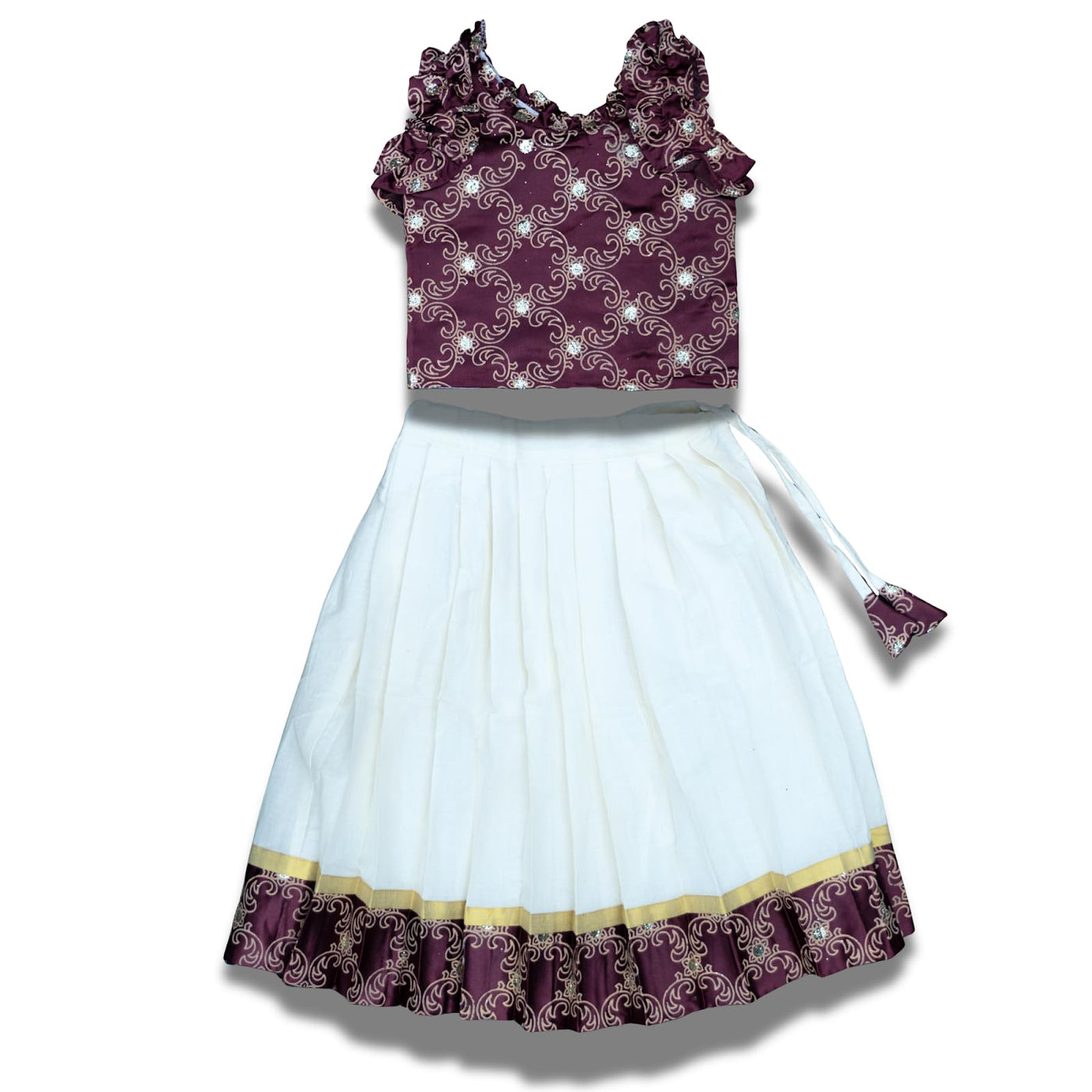 Skirt & Top Set for Girls: Traditional Onam Attire From NutsClothing | Pink | Dark Green | Light Green | Maroon | Wine | For Ages 6 Months to 7 Years